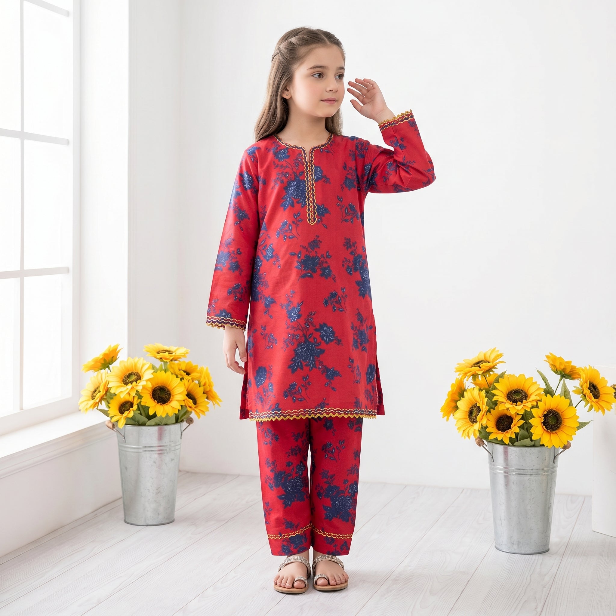 Girls Red Floral Printed Kurta Pajama Set with Embroidered Neckline