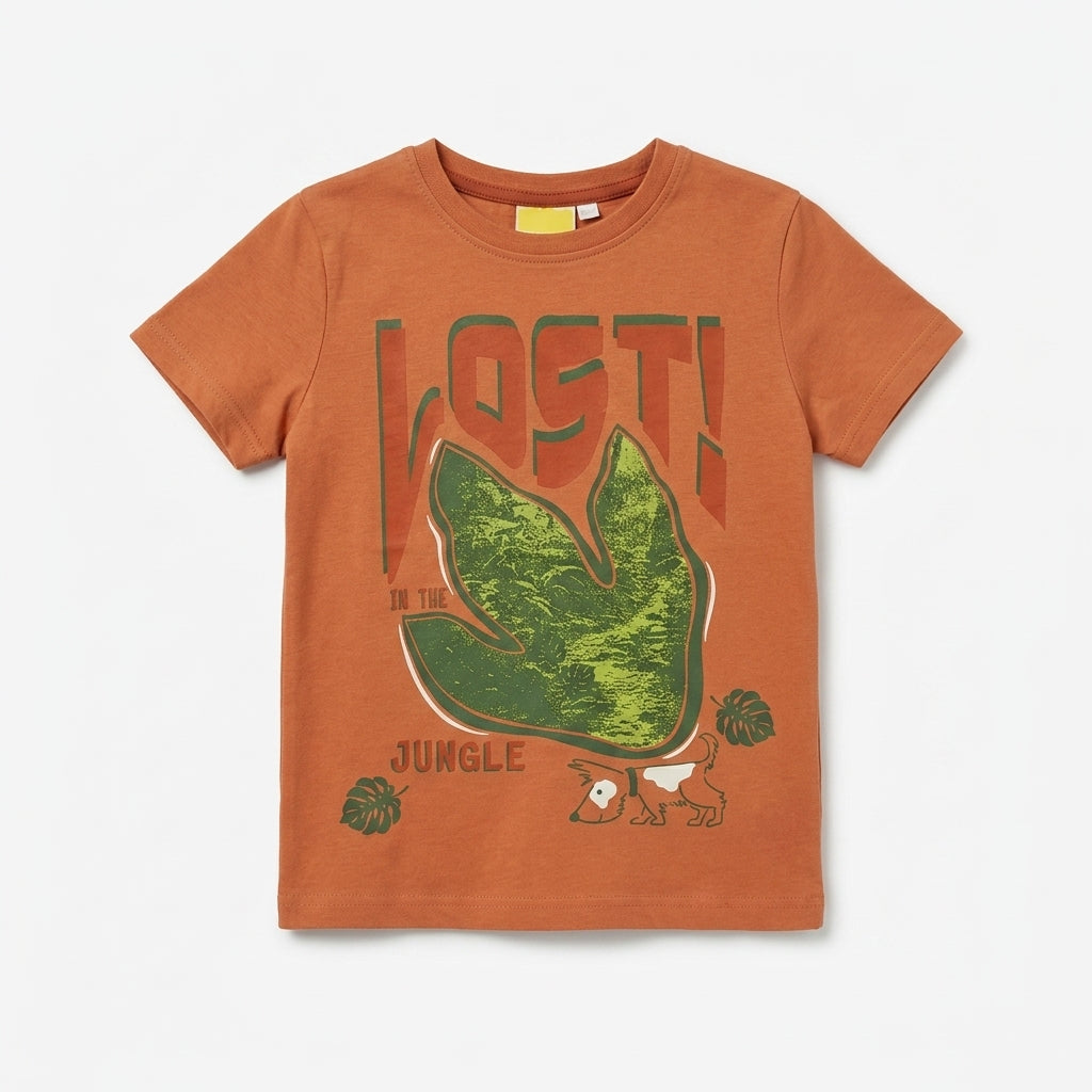 Boys Rust Orange “Lost in the Jungle” Graphic Cotton T-Shirt