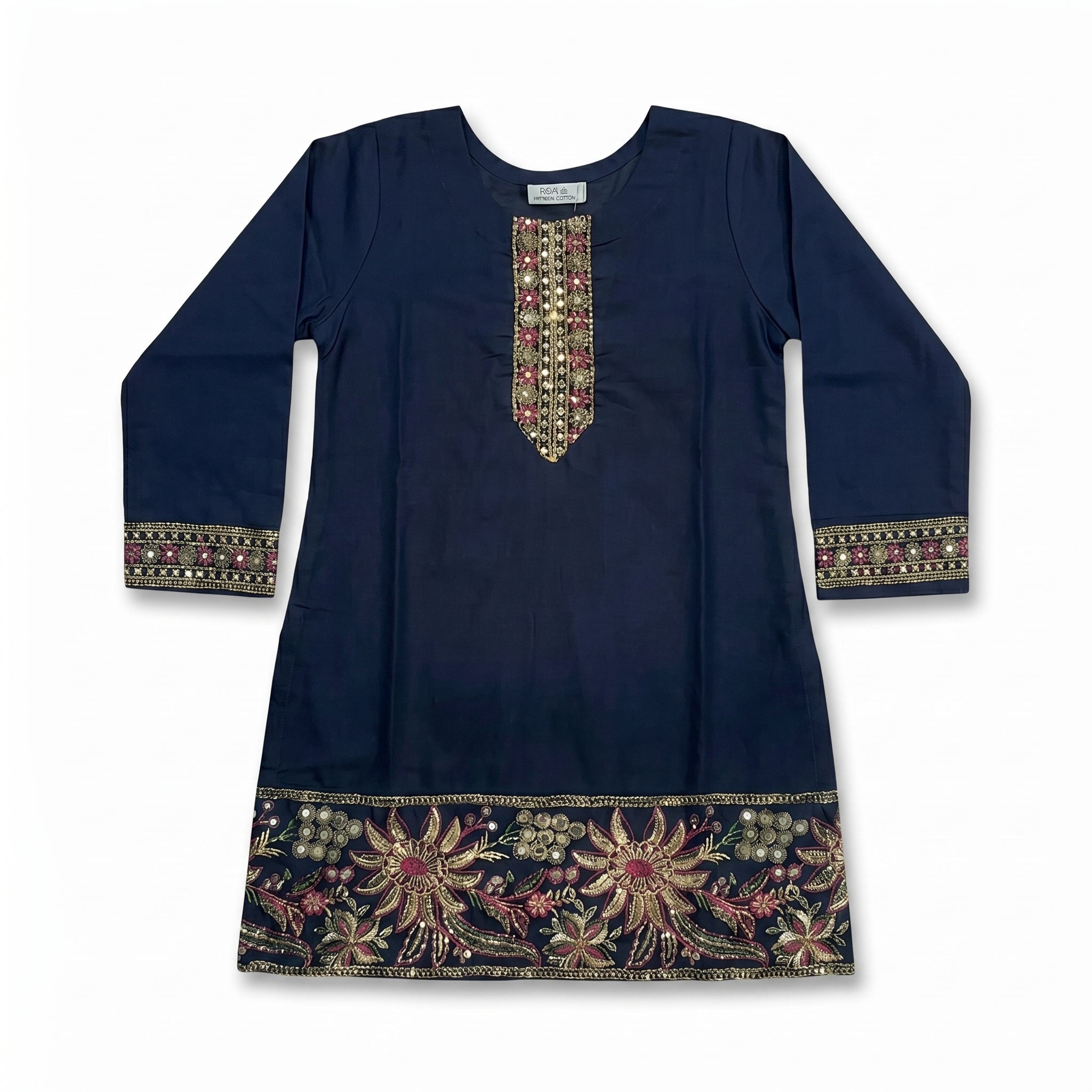 Girls Navy Blue Embroidered Kurta Trouser