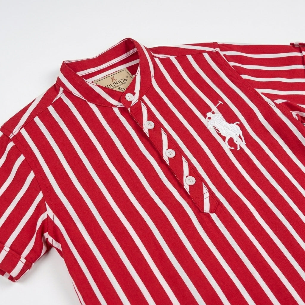 Boys Red & White Striped Polo Style Shirt