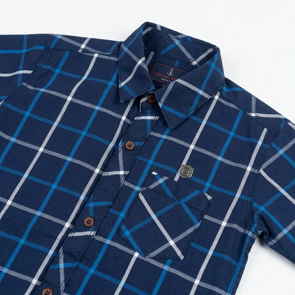 Boys Navy Blue Checkered Casual Shirt
