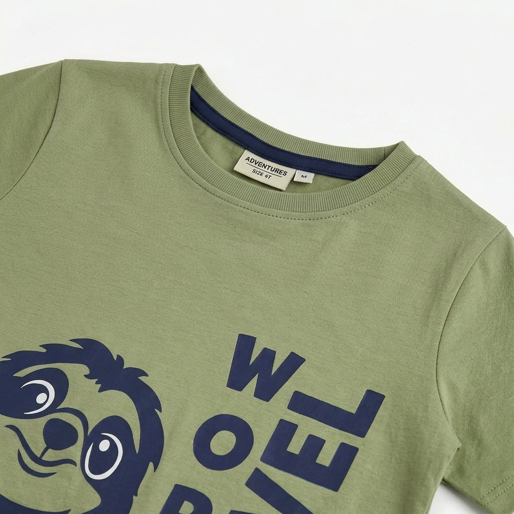 Boys Olive Green Graphic Cotton T-Shirt