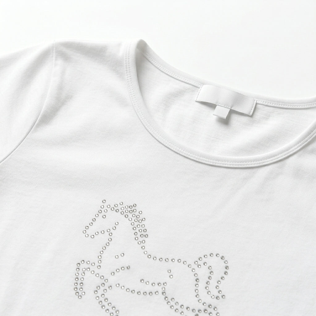 Girls White Rhinestone Horse Graphic T-Shirt