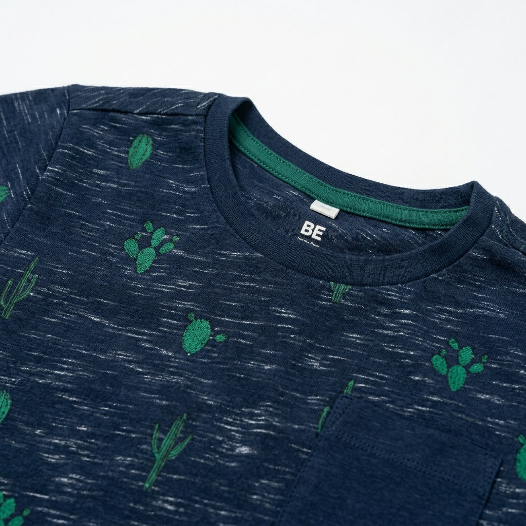 Boys Navy Blue Cactus Print Pocket T-Shirt