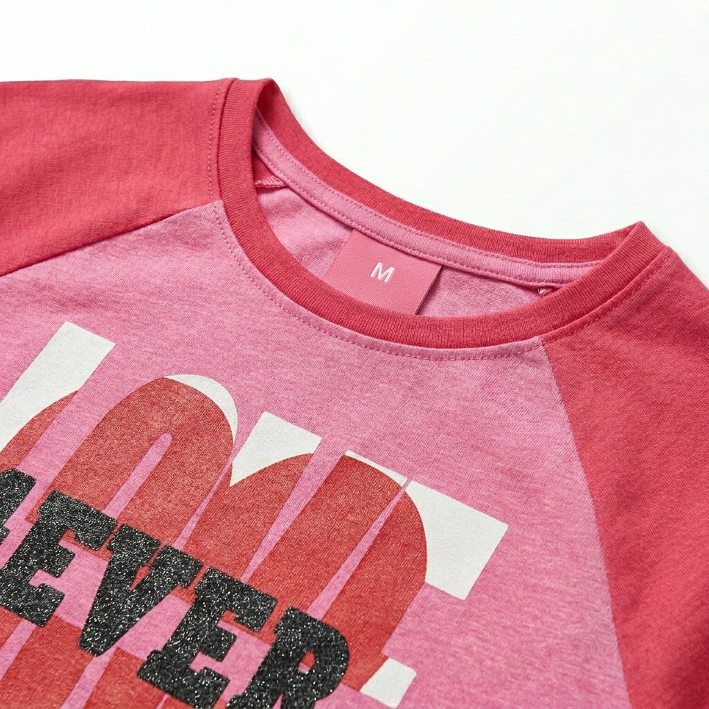 Girls Pink “Love 4Ever” Heart Graphic Raglan T-Shirt