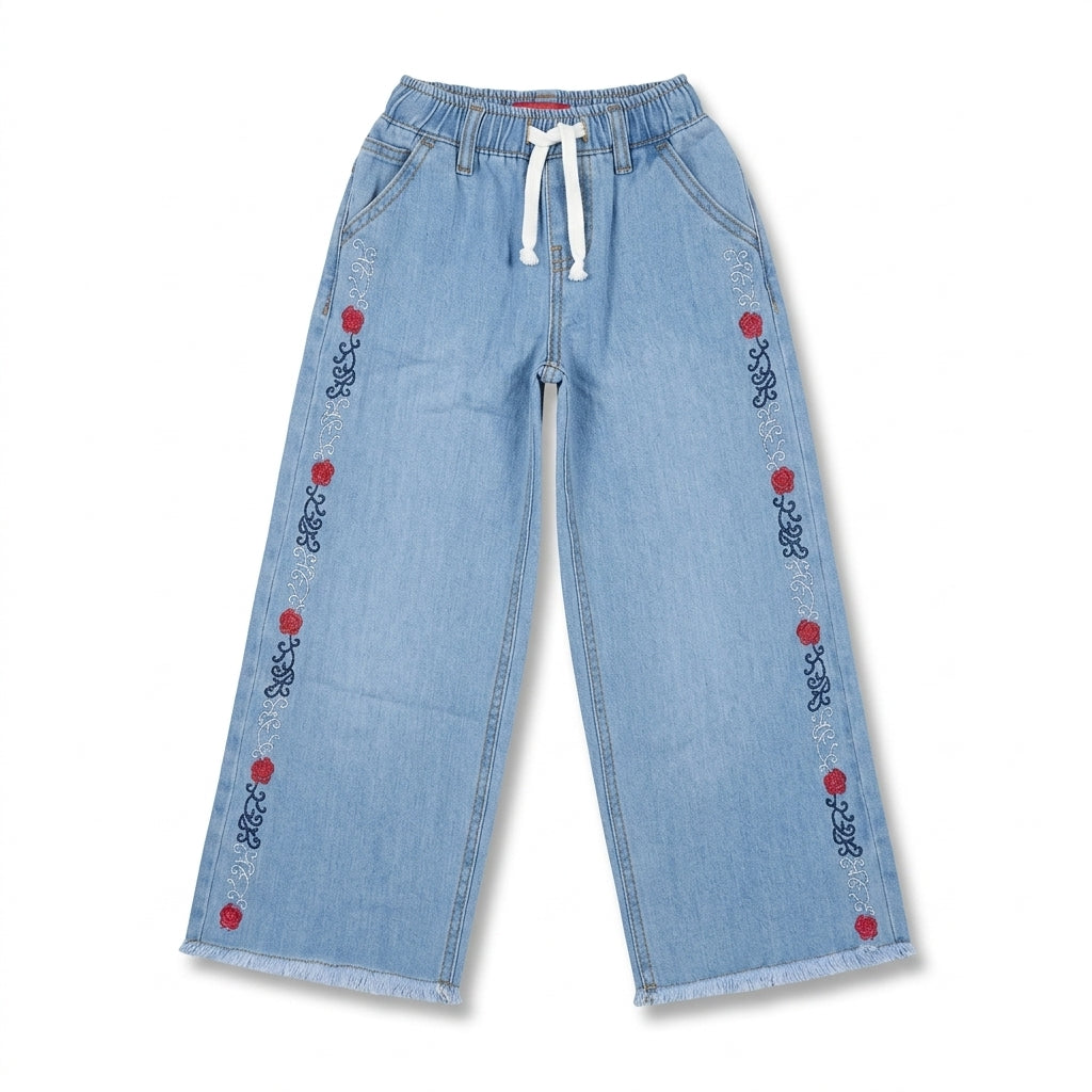 Embroidered Floral Wide-Leg Denim