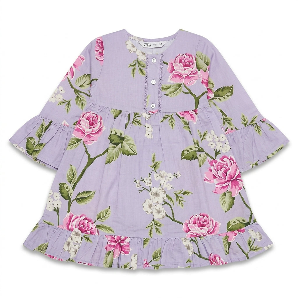 Girls Lilac Floral Printed Kurta Pajama
