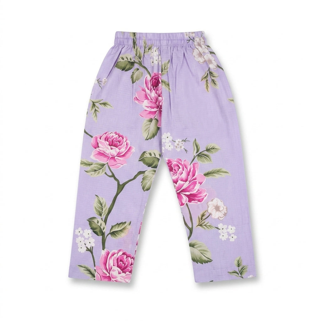 Girls Lilac Floral Printed Kurta Pajama