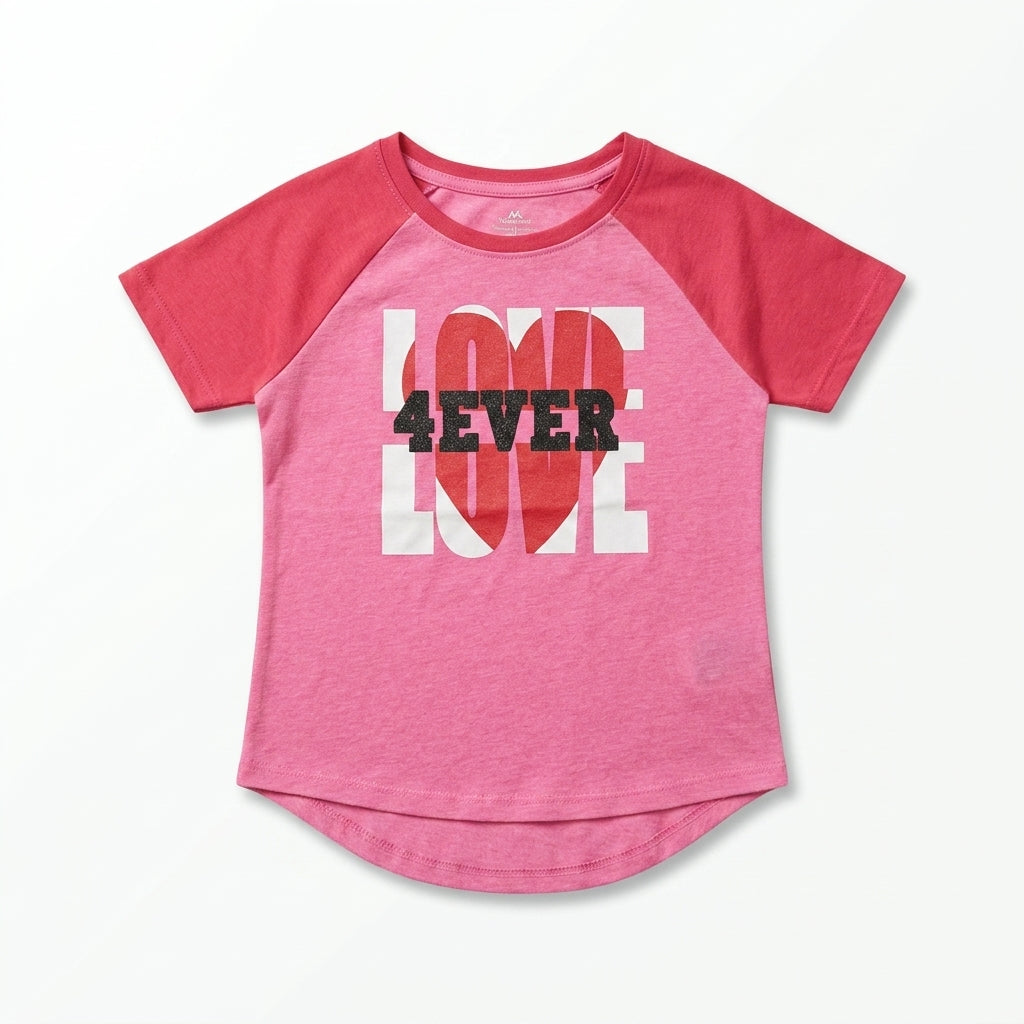 Girls Pink “Love 4Ever” Heart Graphic Raglan T-Shirt