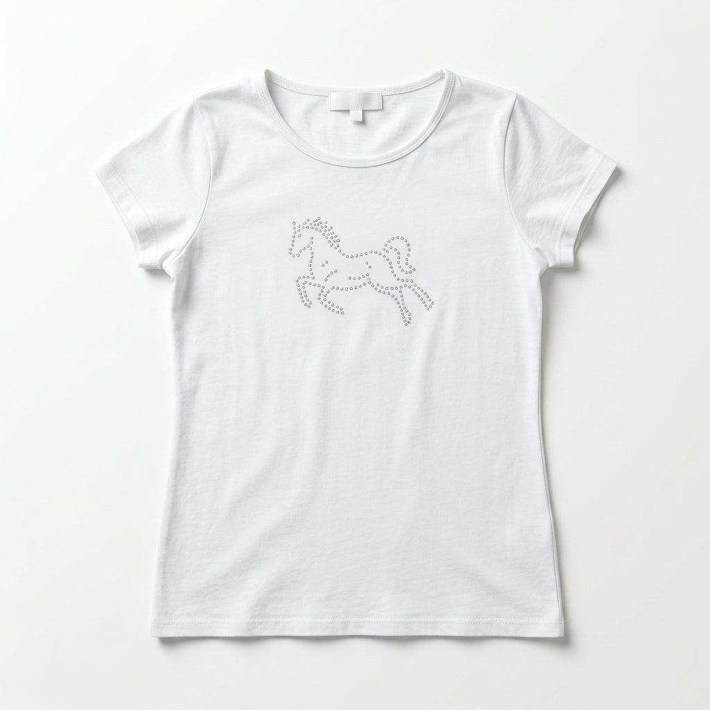 Girls White Rhinestone Horse Graphic T-Shirt