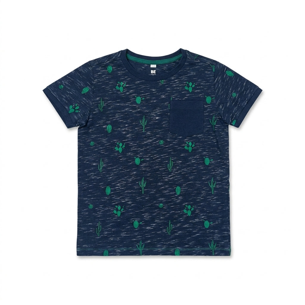 Boys Navy Blue Cactus Print Pocket T-Shirt