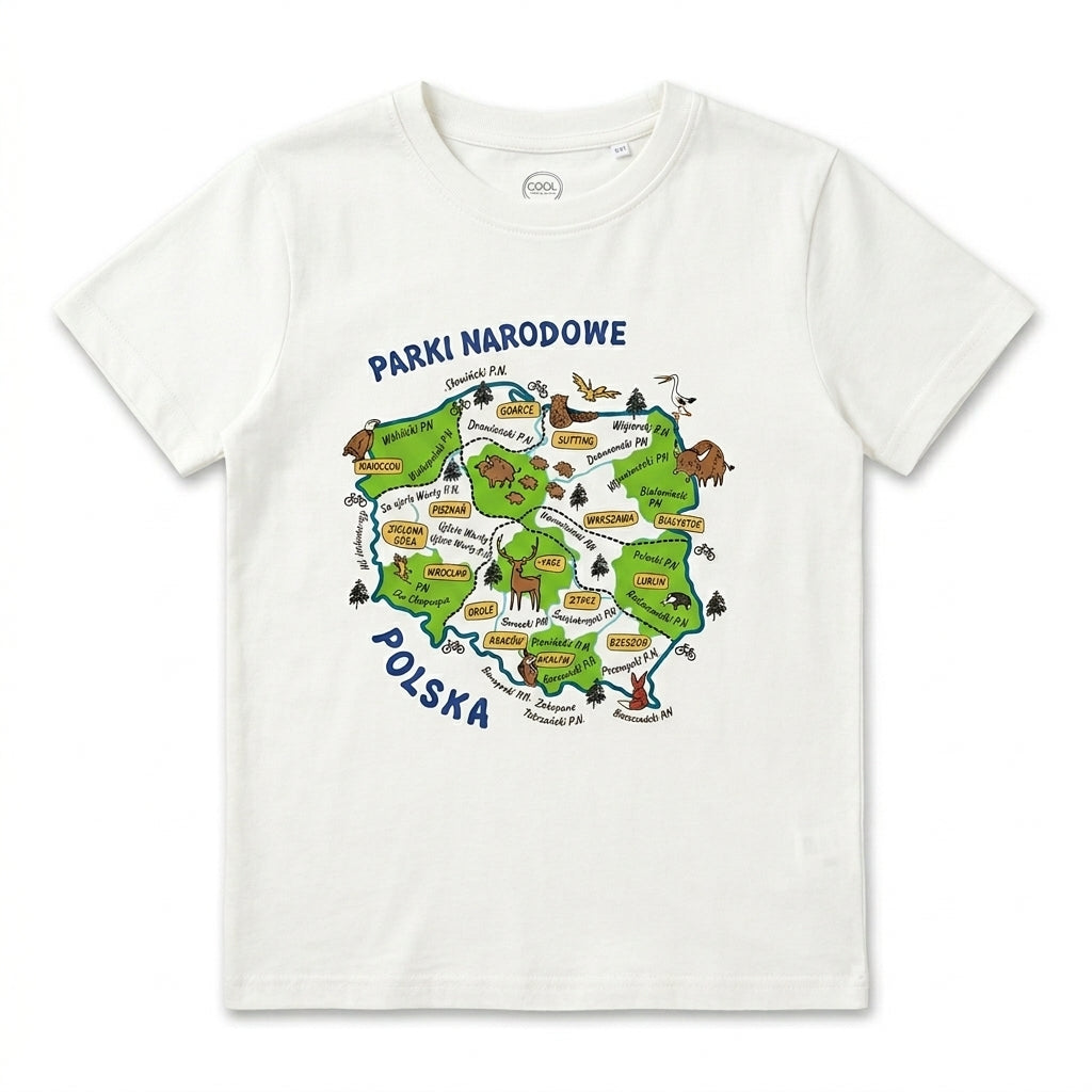 White “Poland National Parks Map” Graphic Cotton T-Shirt