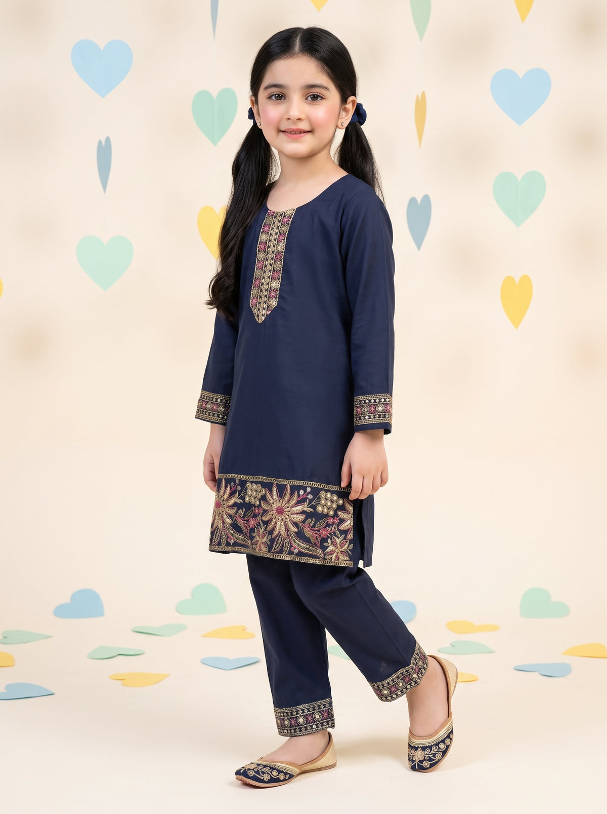 Girls Navy Blue Embroidered Kurta Trouser