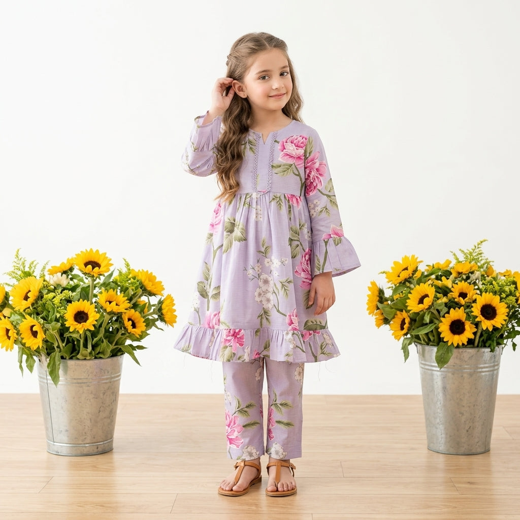 Girls Lilac Floral Printed Kurta Pajama