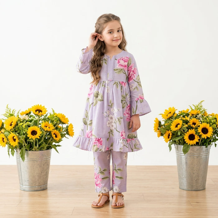 Girls Lilac Floral Printed Kurta Pajama