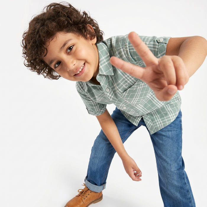 Boys’ Sage Green Plaid Casual Shirt
