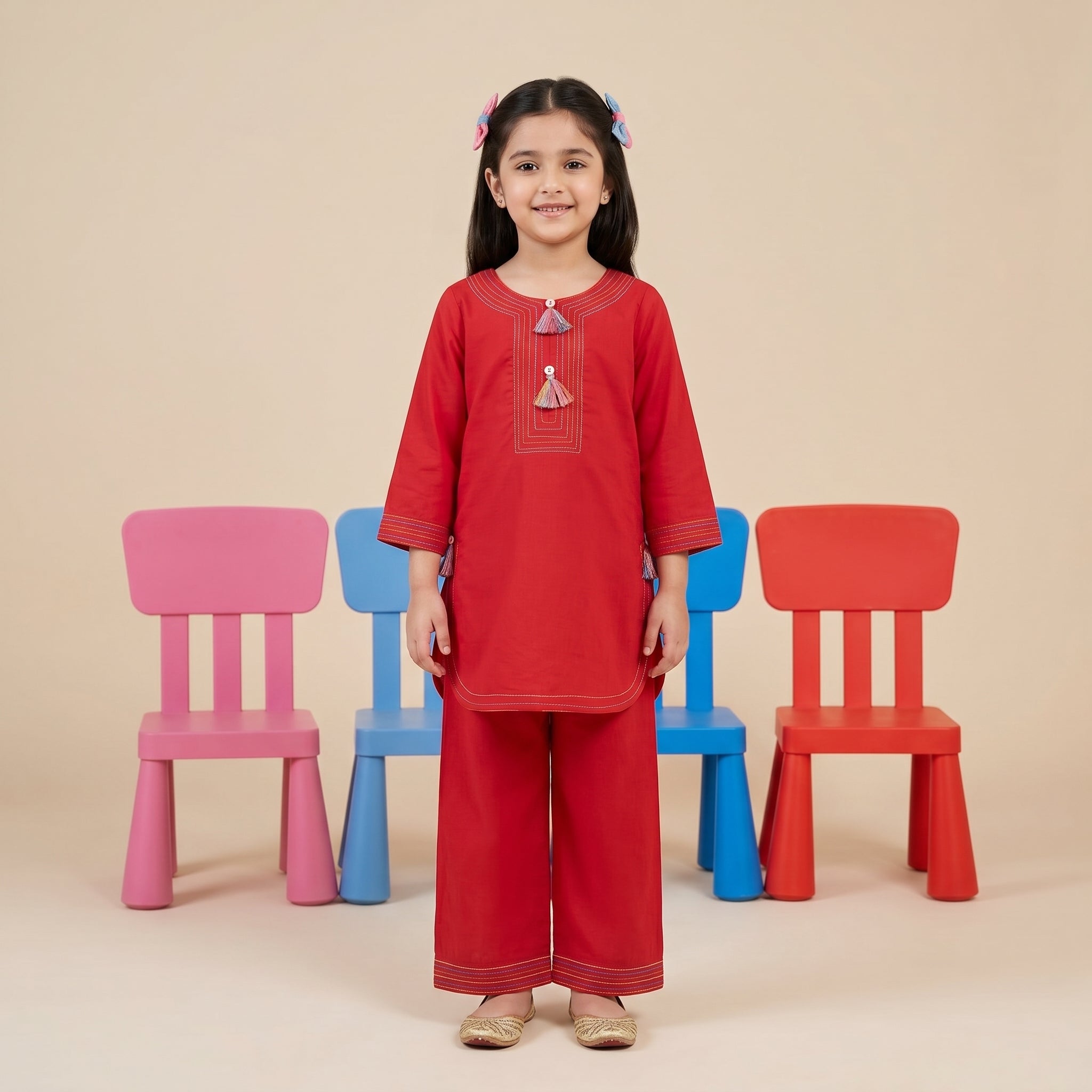 Ruby Red Girls Kurta Pajama with Tassel