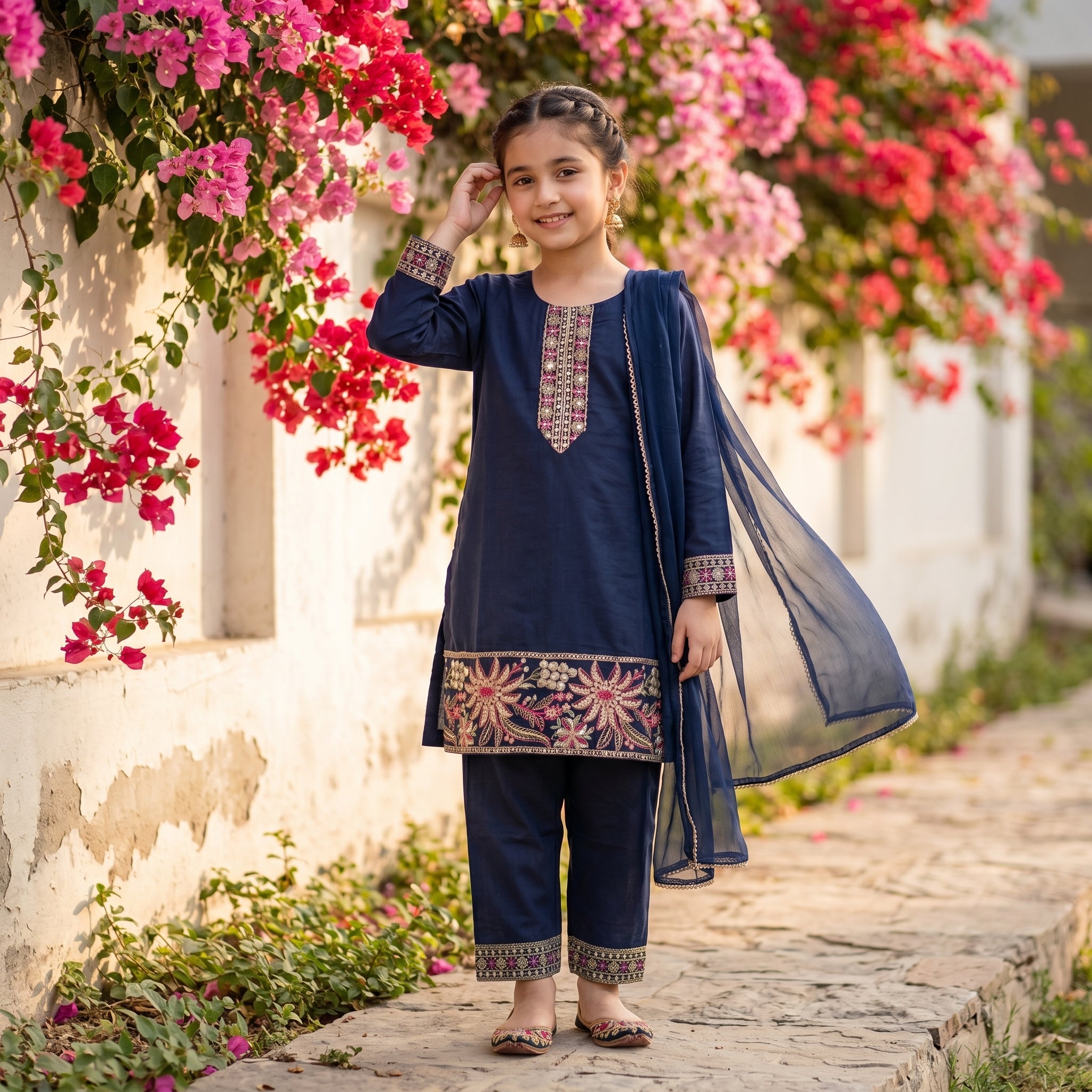 Girls Navy Blue Embroidered Kurta Trouser