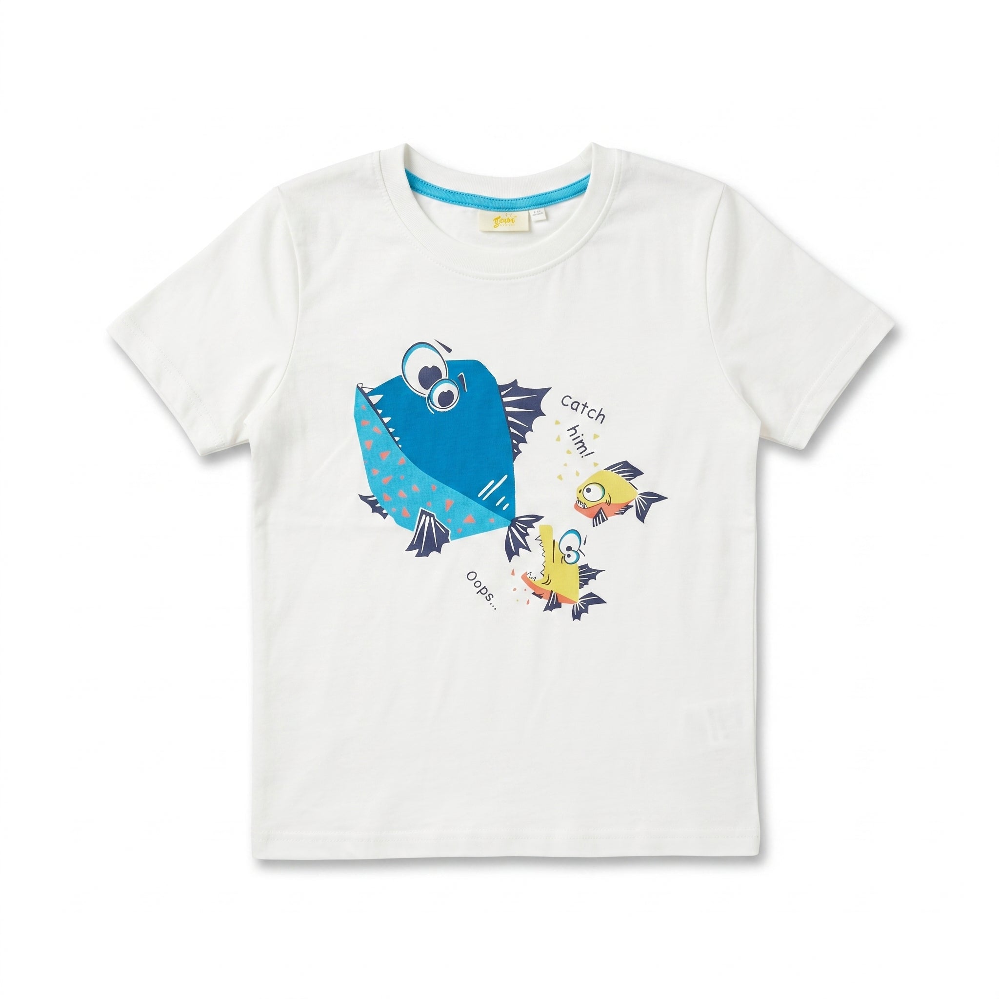 Kids White “Catch Him” Cartoon Fish Graphic T-Shirt