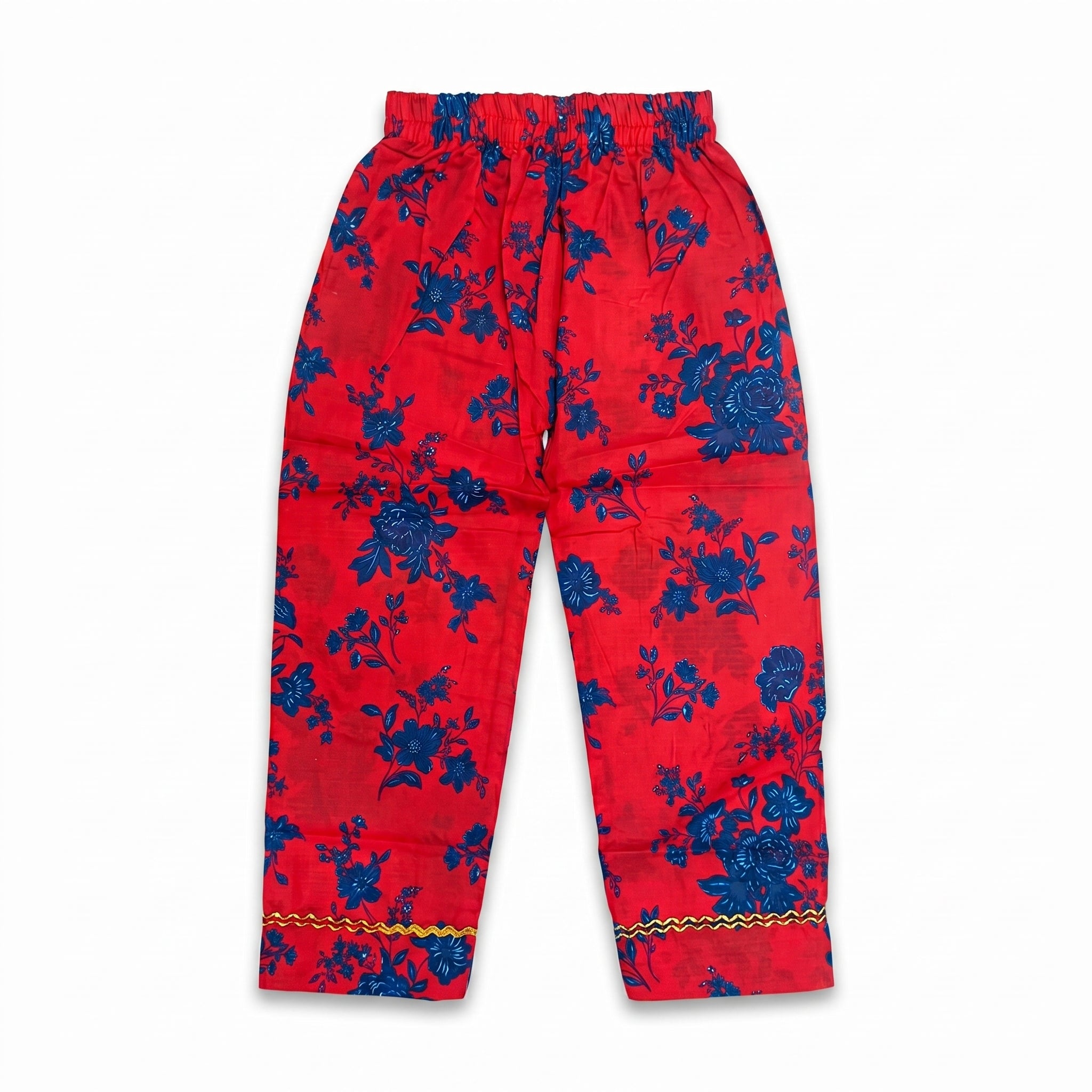 Girls Red Floral Printed Kurta Pajama Set with Embroidered Neckline