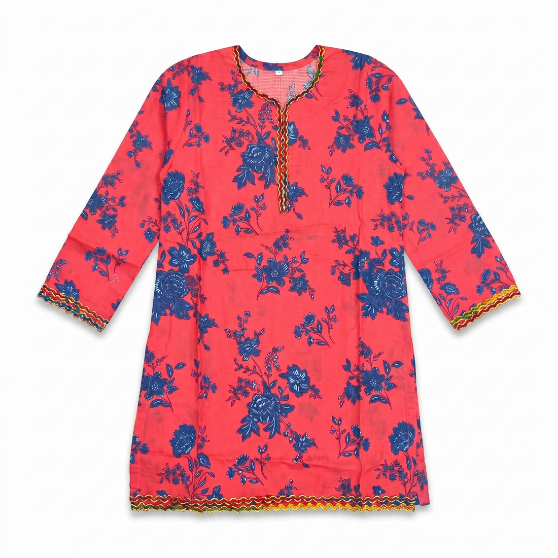 Girls Red Floral Printed Kurta Pajama Set with Embroidered Neckline