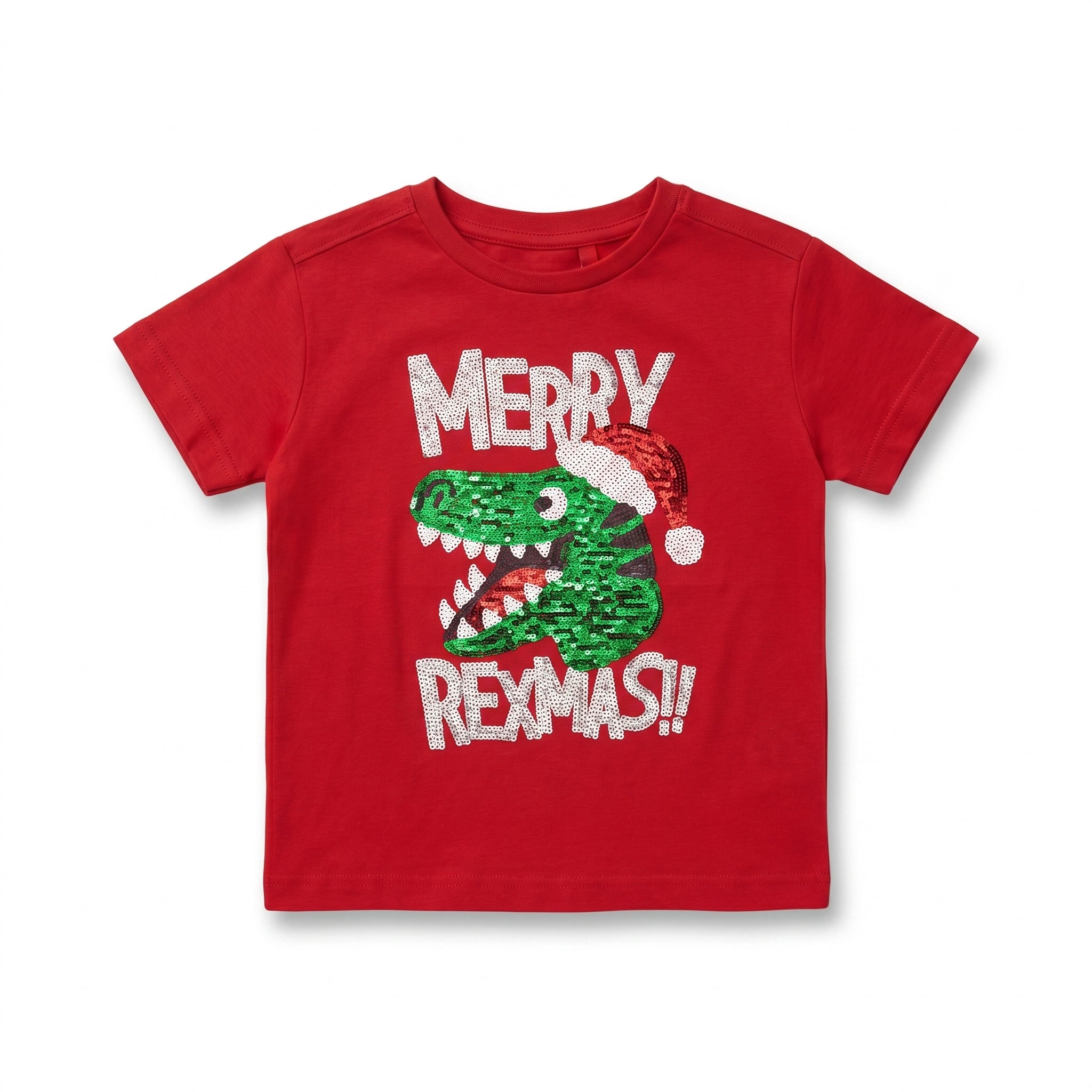 Girls Red “Merry Rexmas” Sequin Dinosaur Christmas T-Shirt
